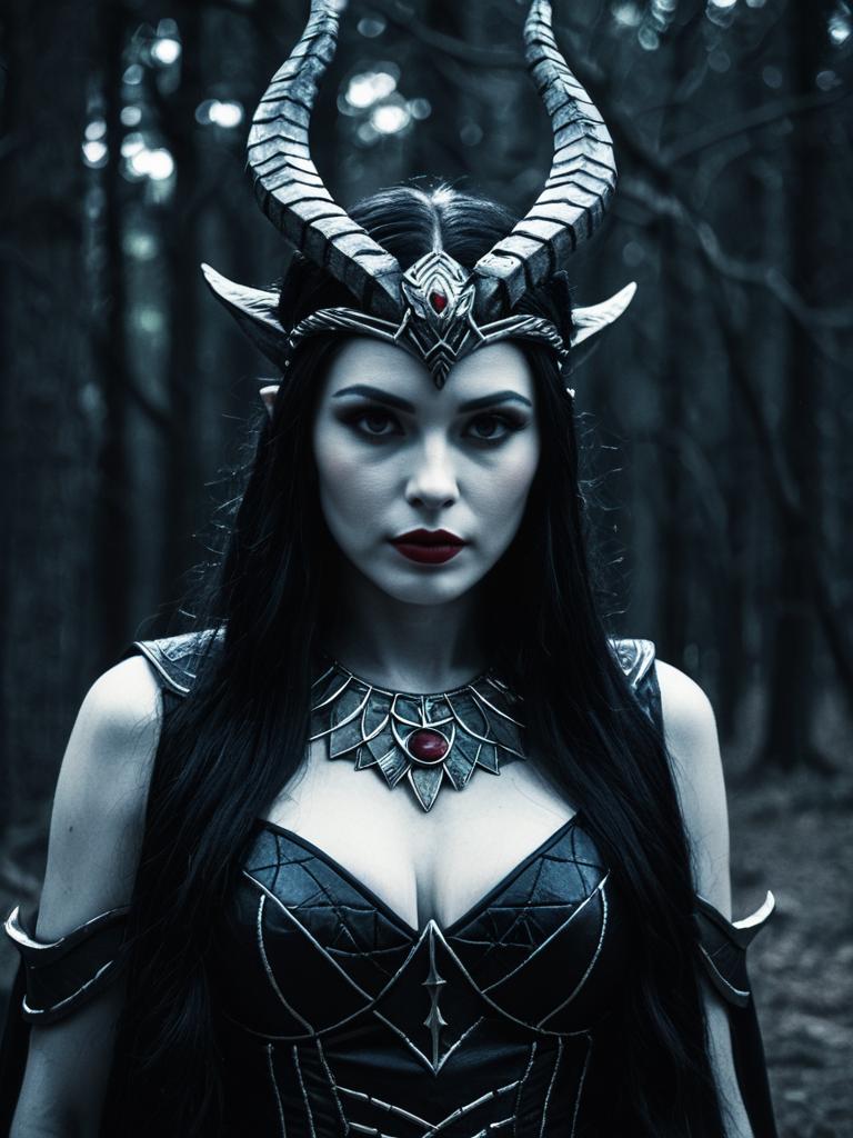 Photorealistic Dark Fantasy Lilith Goddess Woman Cosplay with Horned Headdress