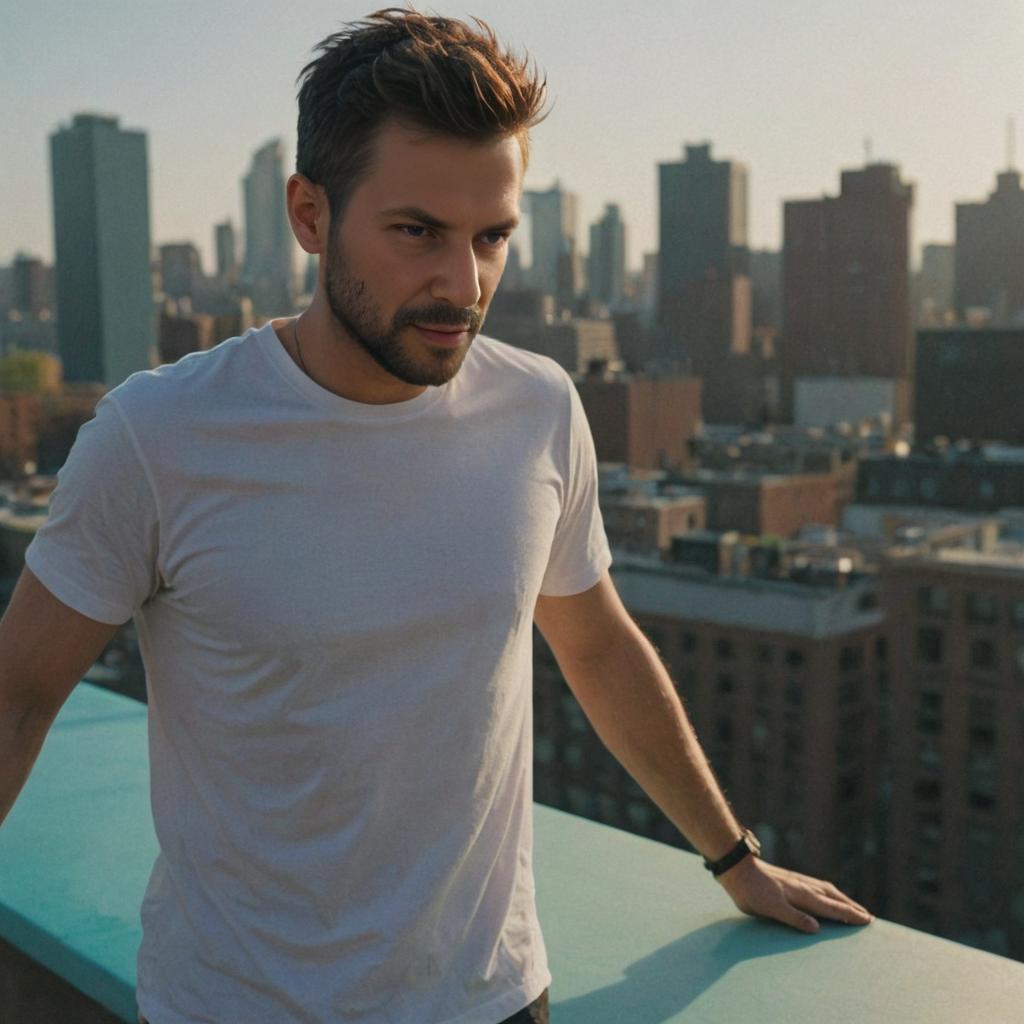 Stylish Man on Rooftop with City Skyline