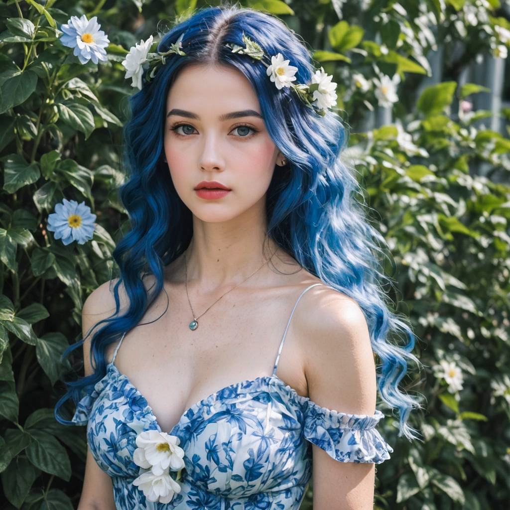 Serene Woman with Blue Hair in Floral Dress