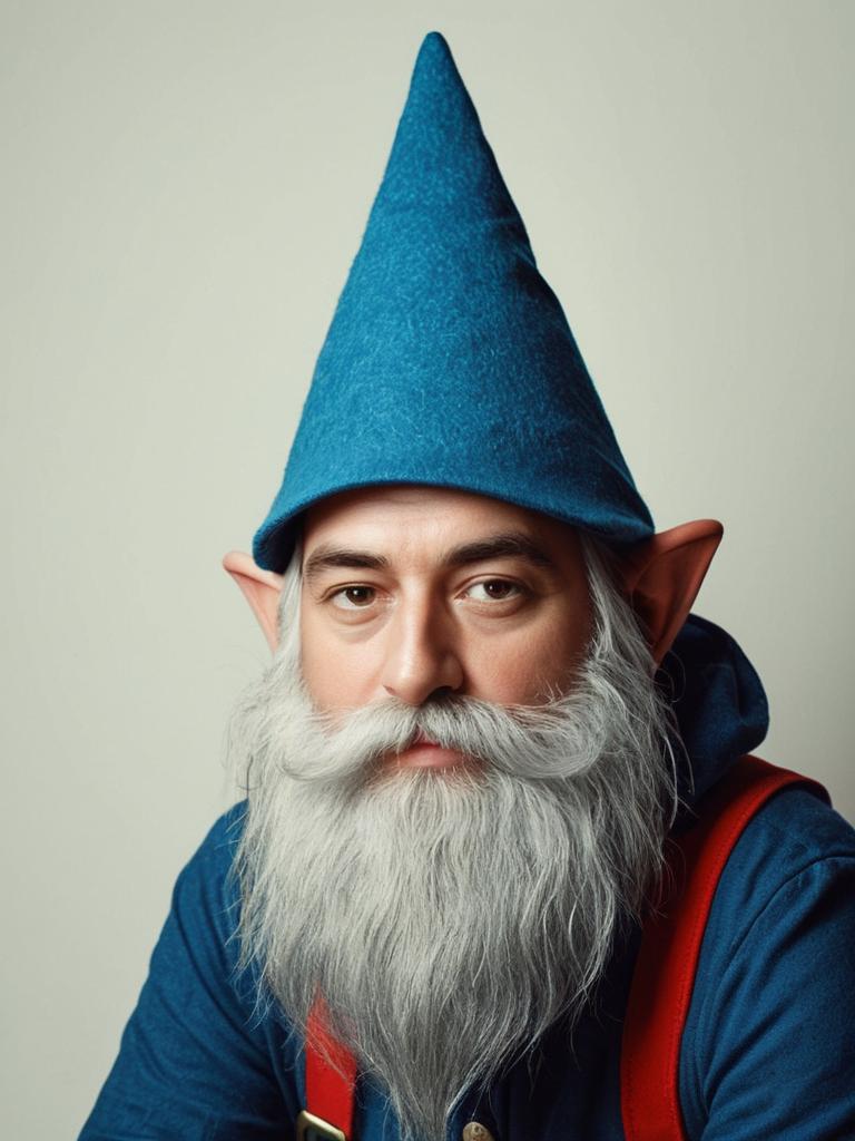 Photorealistic Man in Gnome Costume with Blue Hat and White Beard Studio Portrait