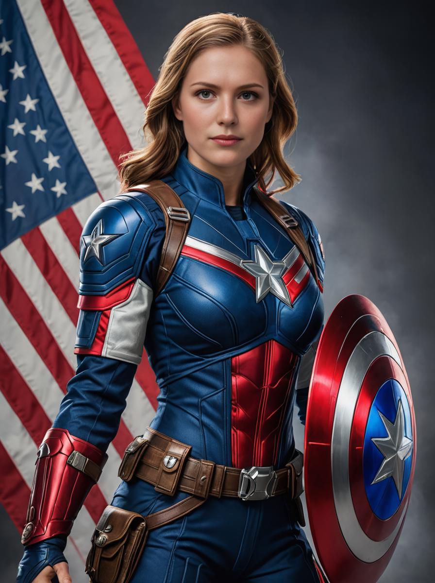 Female Superhero with Shield and American Flag