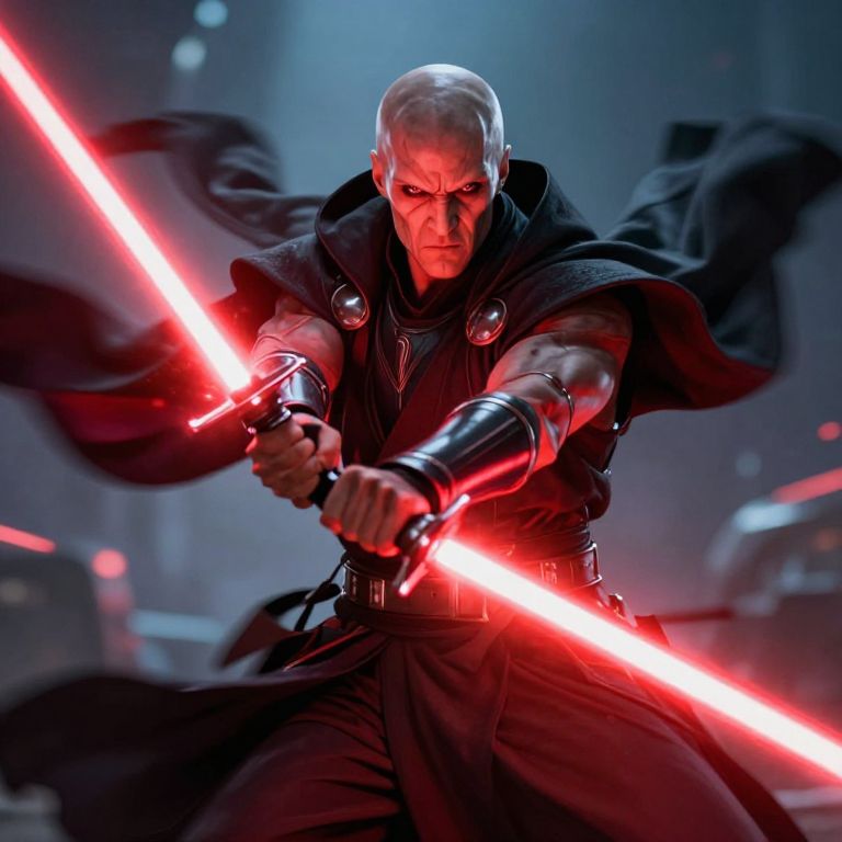 Fierce Bald Warrior Holding Dual Red Lightsabers in Sci-Fi Battle Scene