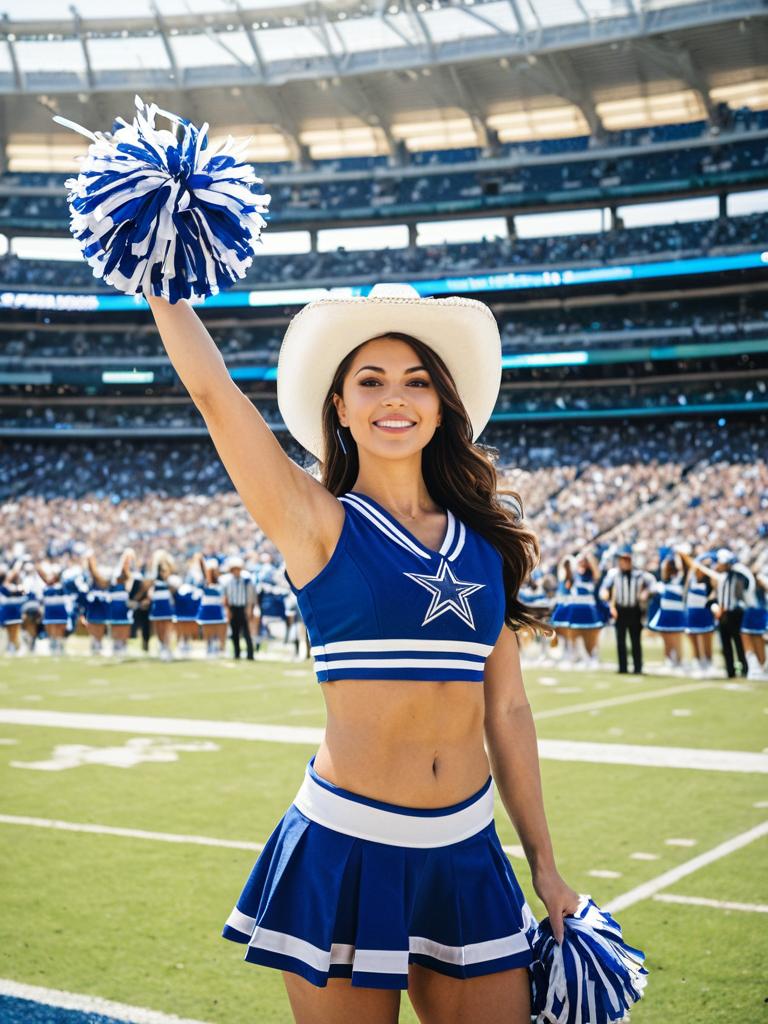 Cheerful Woman in Cheerleading Outfit on Football Field