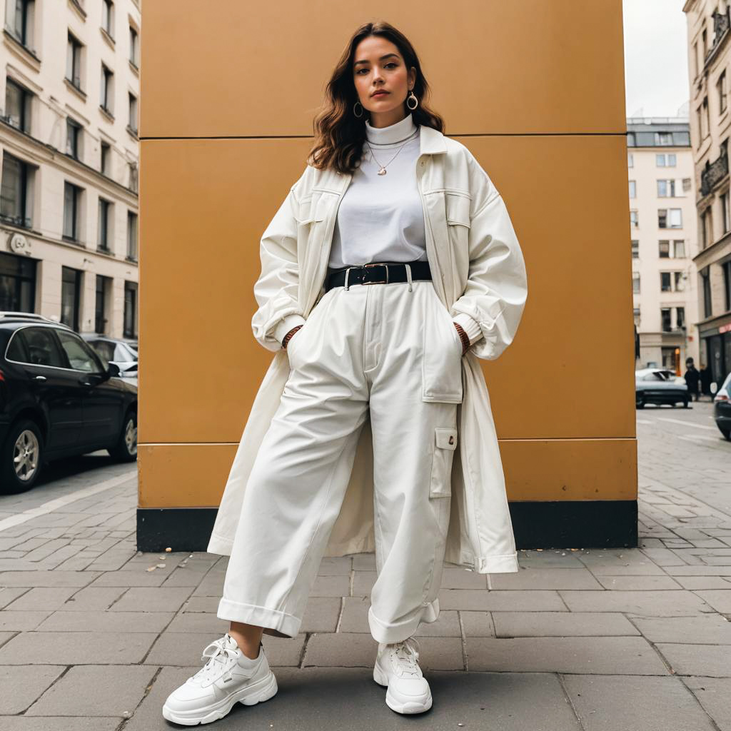 Chic Woman in Oversized Coat on City Street