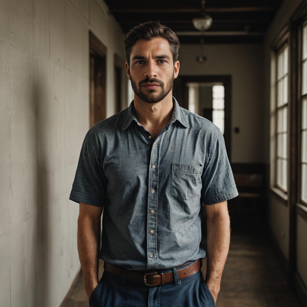 Confident Man in Vintage Corridor