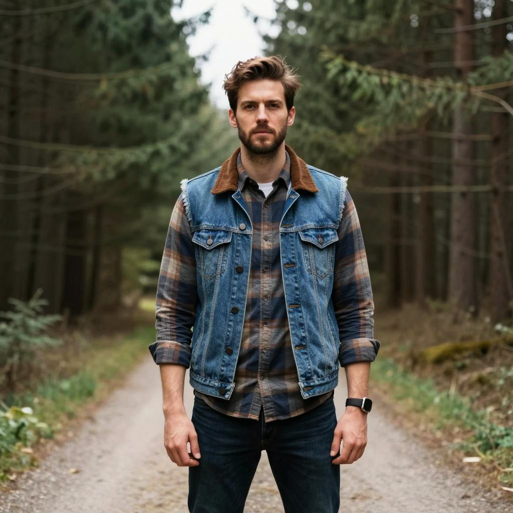 Young Man in Denim Vest and Plaid Shirt on Forest Path