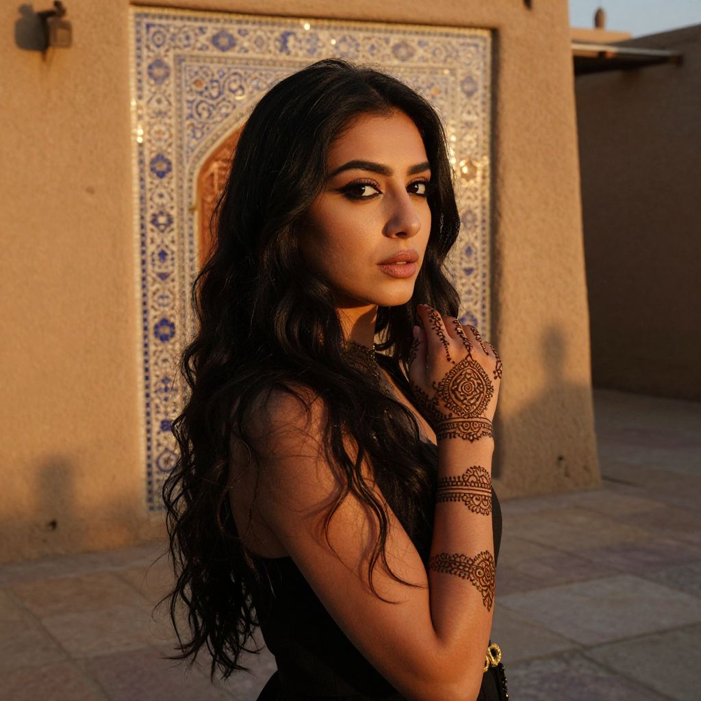 Portrait of Woman with Henna Tattoos and Traditional Tile Background