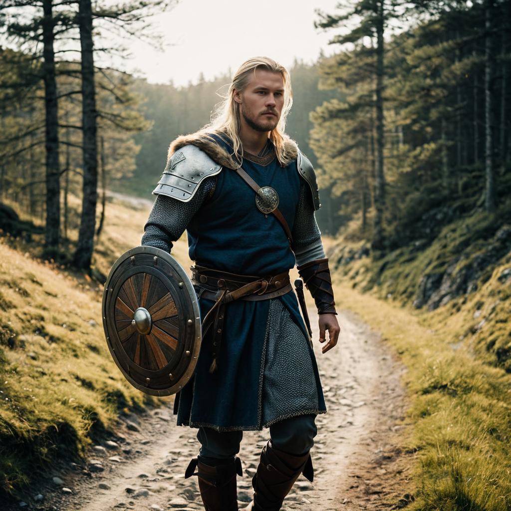 Medieval Warrior Man in Armor with Shield Walking Forest Path
