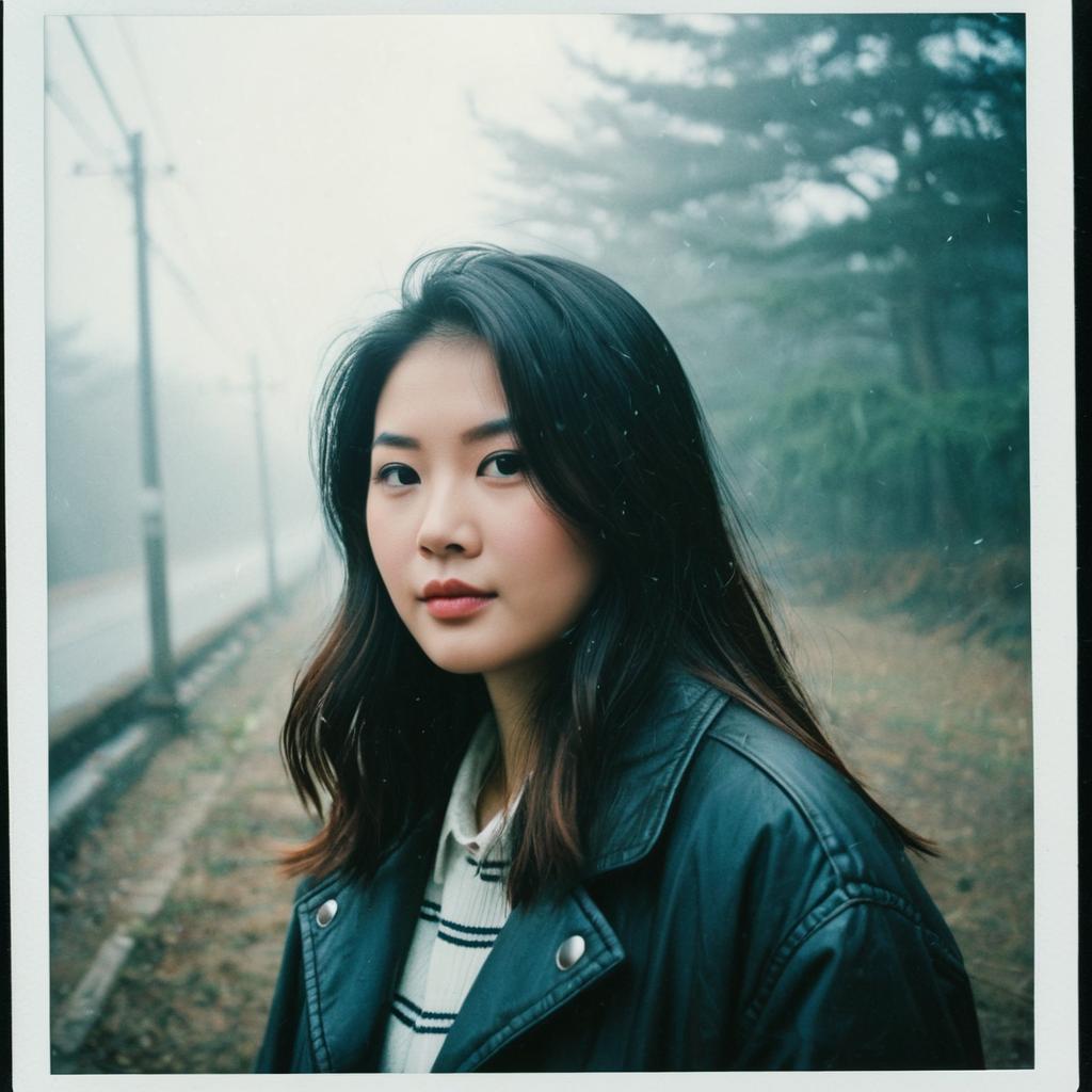 Portrait of Young Woman in Black Leather Jacket on Foggy Road