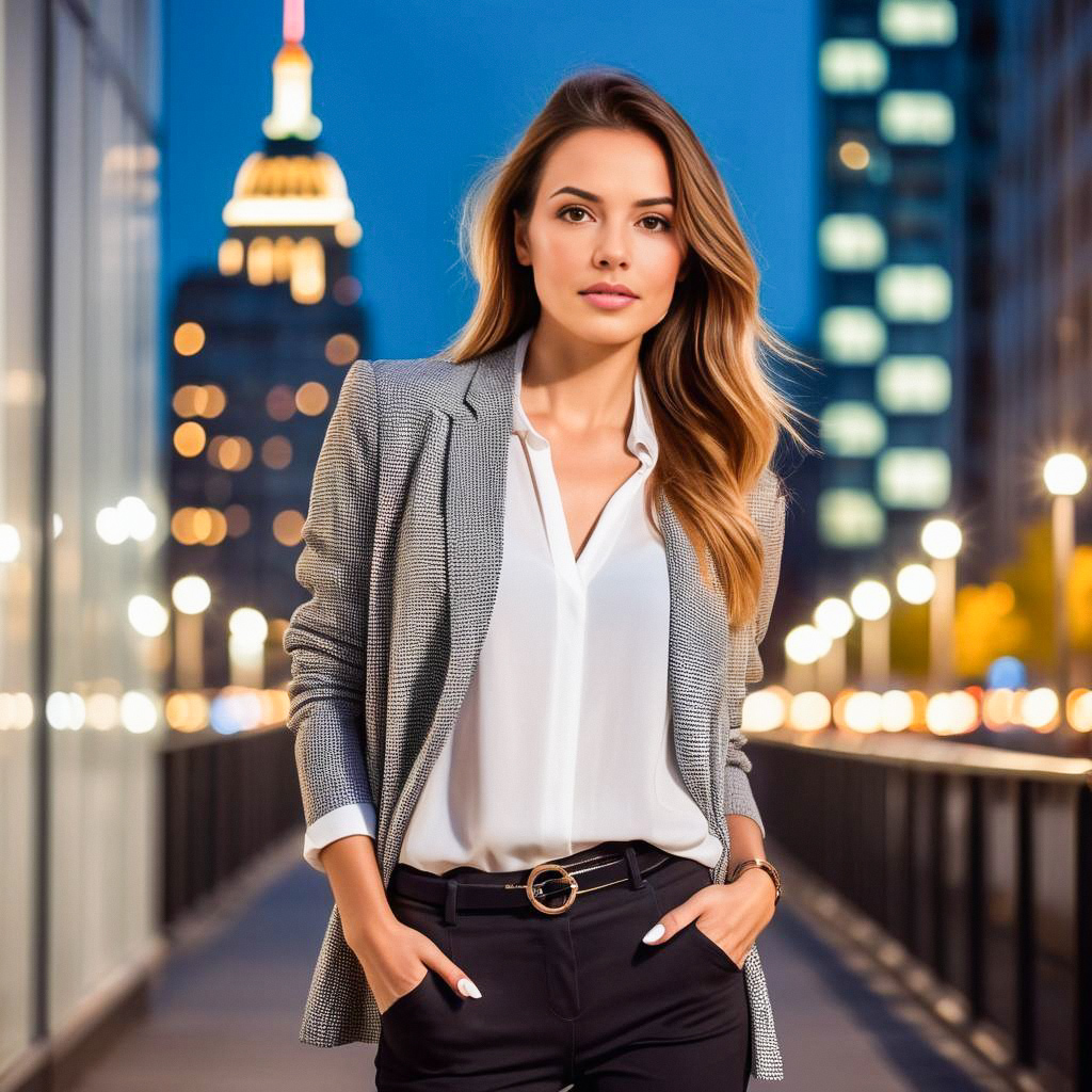 Confident woman in gray blazer on city street at dusk Confident woman in gray blazer on city street at dusk