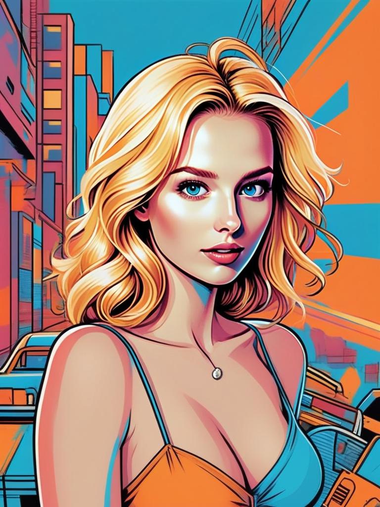 Vibrant Woman with Blonde Hair in Abstract Cityscape