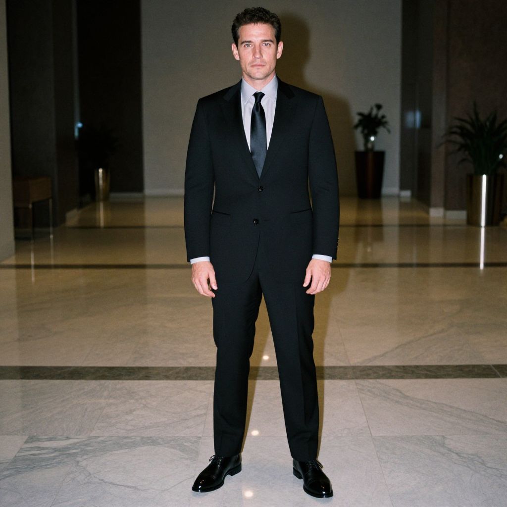 Man in Classic Black Suit Standing in Modern Indoor Lobby