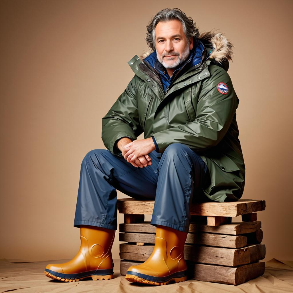 Man in Stylish Green Parka on Crates