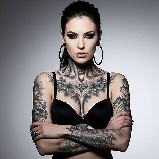 Confident Woman with Detailed Black and Grey Tattoos Wearing Black Bra