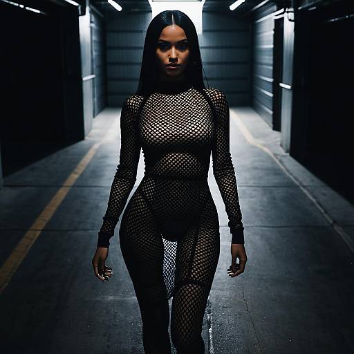 Confident Woman in Black Fishnet Bodysuit Walking in Industrial Corridor