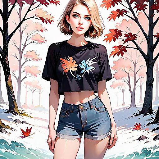 Stylish Woman in Crop Top and Denim Shorts in Autumn Anime Forest