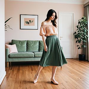 Stylish Woman in Peach Blouse and Green Pleated Skirt in Modern Living Room