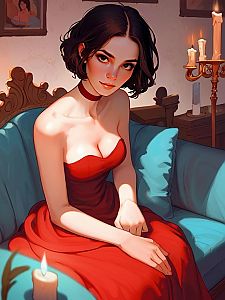 Young Woman in Red Dress on Teal Couch