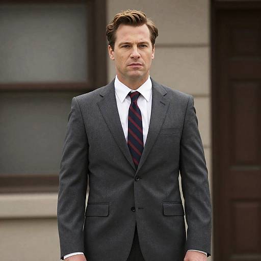 Man in Grey Suit and Tie Standing Outside Building