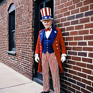 Elderly Man in Patriotic Costume Against Brick Wall