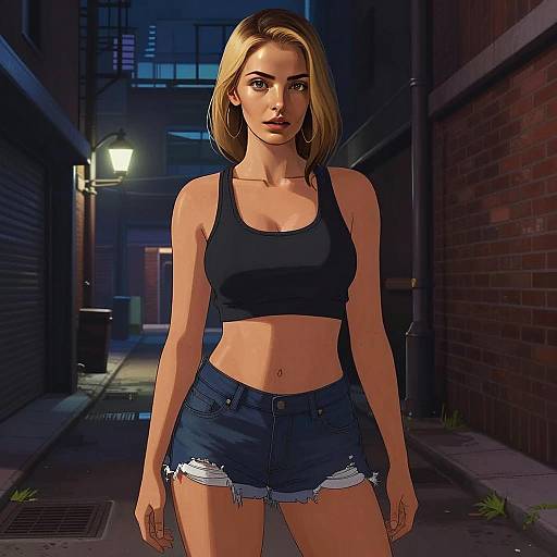 Digital Illustration of Young Woman in Urban Alleyway Wearing Black Crop Top and Ripped Denim Shorts