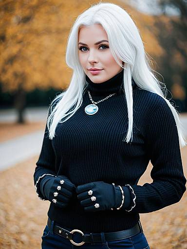 Woman with White Hair Wearing Black Turtleneck and Moon Pendant Necklace in Autumn