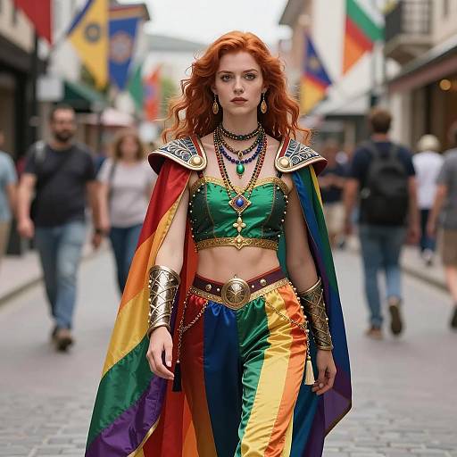 Red-Haired Woman in Rainbow Warrior Costume Walking on City Street