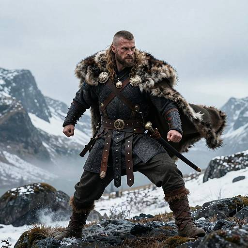 Viking Warrior in Fur Cloak on Snowy Mountain Landscape
