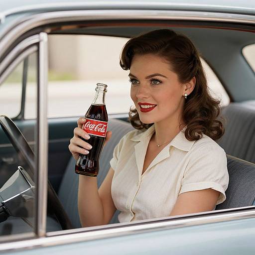 Vintage Woman Holding Coca-Cola Bottle in Classic Car