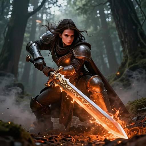 Woman Warrior in Medieval Armor with Glowing Sword in Mystical Forest