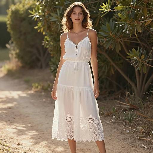 Woman Wearing White Lace Summer Dress Outdoors on Garden Path
