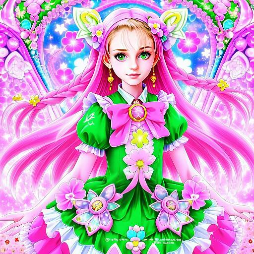 Hanami Kotoha Anime Girl in Floral Green and Pink Dress