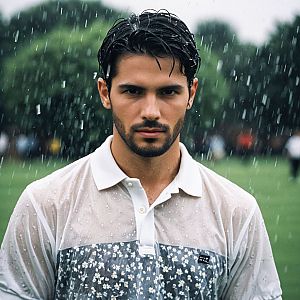 Focused Man in Rain with Floral Polo Shirt