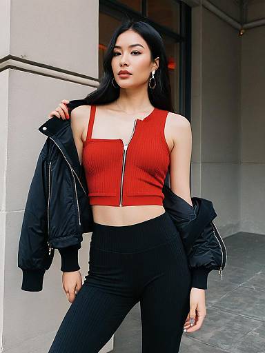 Woman in Casual Red Ribbed Crop Top with Front Zipper and Black Bomber Jacket