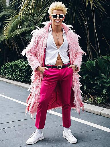 Flamboyant Man in Feathered Pink Coat and Fuchsia Pants Street Style