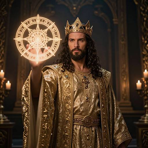 Majestic King Casting Magical Sigil in Ornate Golden Robes