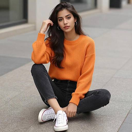 Young Woman in Orange Sweater Sitting Outdoors on Pavement