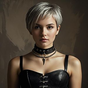 Stylish Woman in Black Leather Corset and Choker with Platinum Blonde Hair