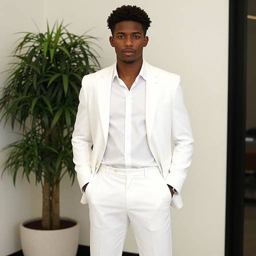 Stylish Young Man in White Suit Standing Indoors