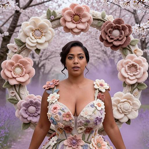 Elegant Woman in Floral Embroidered Dress with Cherry Blossoms and Lavender Background