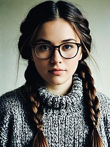 Young Woman with Braided Hair and Glasses in Cozy Sweater Portrait