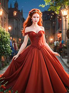 Young Woman in Red Gown on Cobblestone Street at Dusk