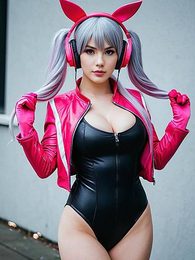 Cosplay Woman in Pink Bunny Ear Headphones and Black Leather Bodysuit