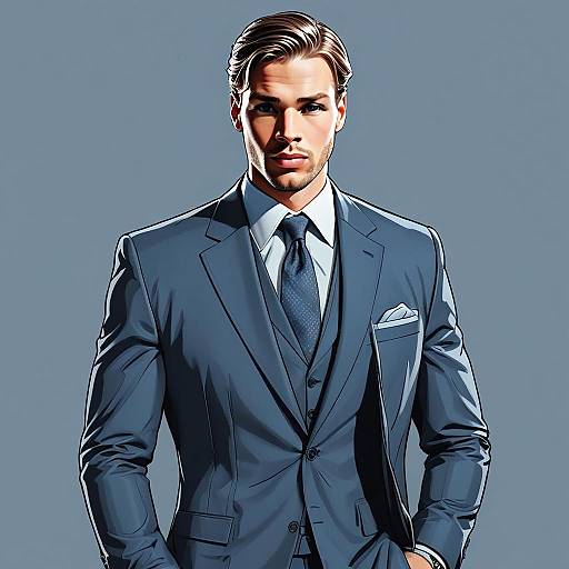 Stylish Man in Blue Suit Digital Illustration Portrait