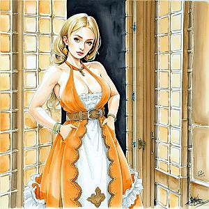 Confident Woman in Stylish Orange and White Dress