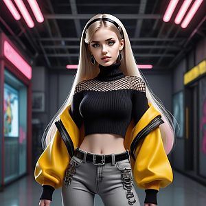 Stylish Young Woman in Neon-Lit Corridor