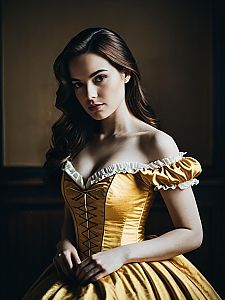 Woman in Belle Dress Waist Up Editorial Portrait Photorealistic