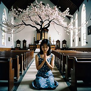 Asian Woman Praying in Church with Cherry Blossom Tree