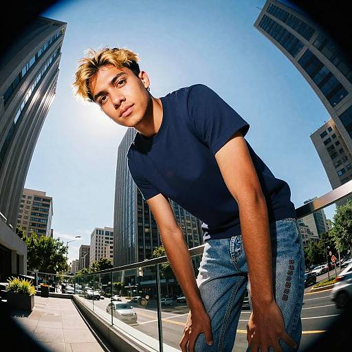 Casual Young Man in Urban Cityscape with Fisheye Lens Effect
