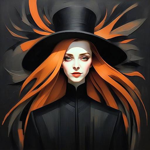 Stylized Digital Portrait of Woman with Orange Hair and Black Hat